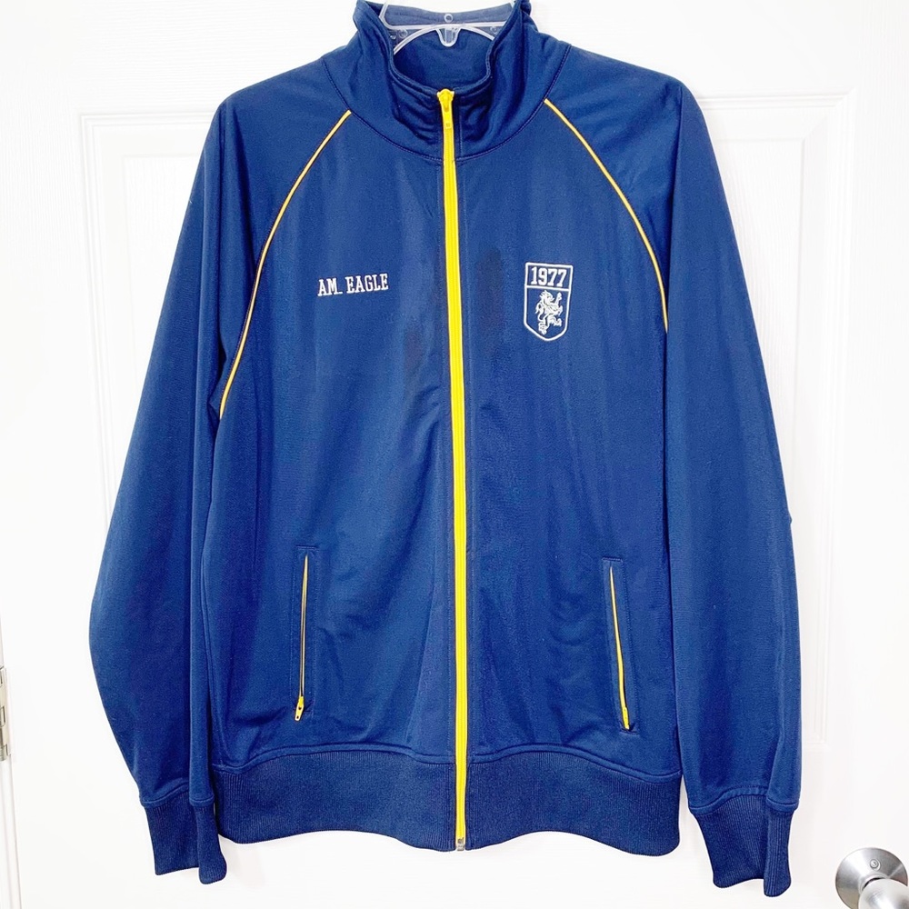 Vintage American Eagle Full Zip Track Jacket Fleece Lined Navy Gold Men’s L